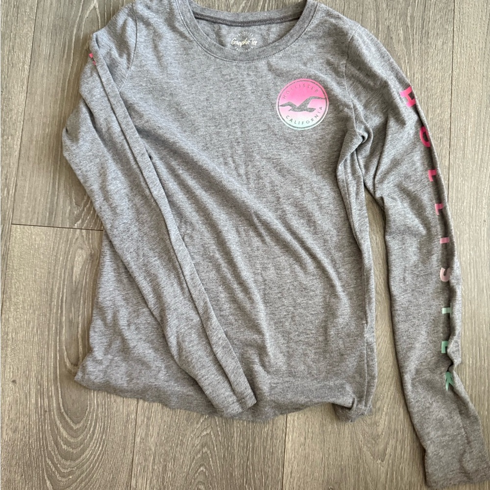 Hollister California Gray Y2K Style Graphic Tee Pink Ombre Logo Preppy XS